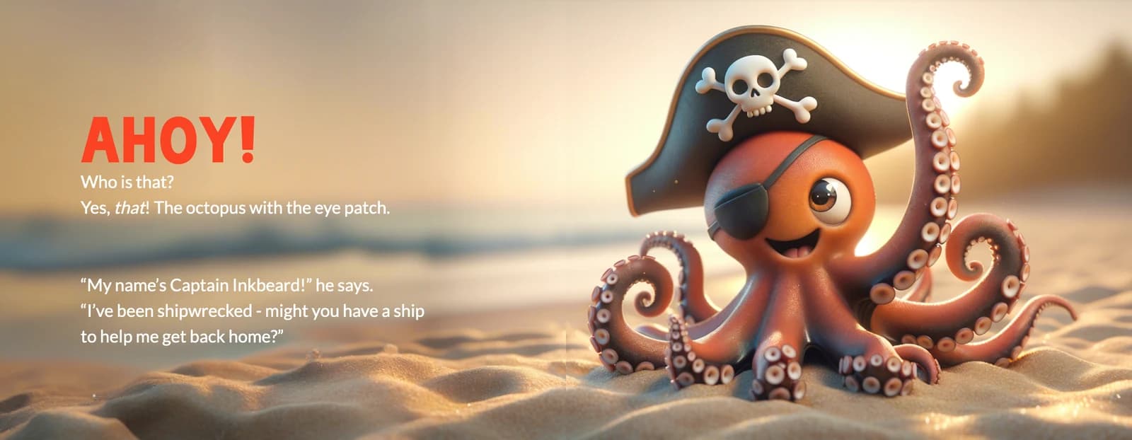 The text Ahoy! Who is that? beside Captain Inkbeard, an orange octopus in a pirate hat and eye patch, on the beach.