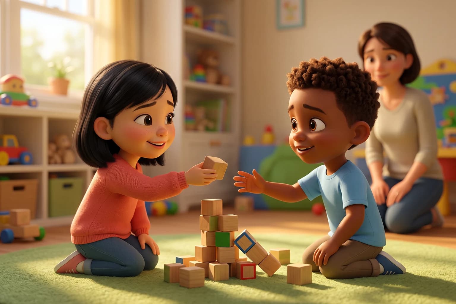 A girl holds out a wooden block to a boy beside their toppled block tower, with an apologetic smile, as a parent watches warmly in the background.
