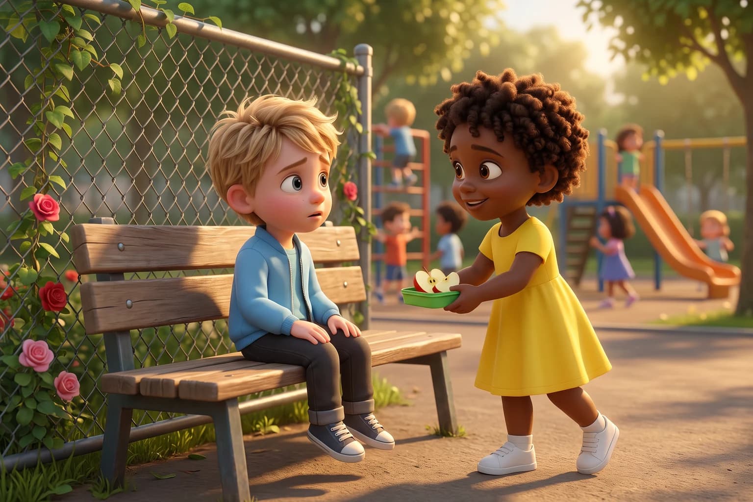 A girl in a yellow dress holds out apple slices to a boy sitting alone on a playground bench, who looks up surprised and hopeful.