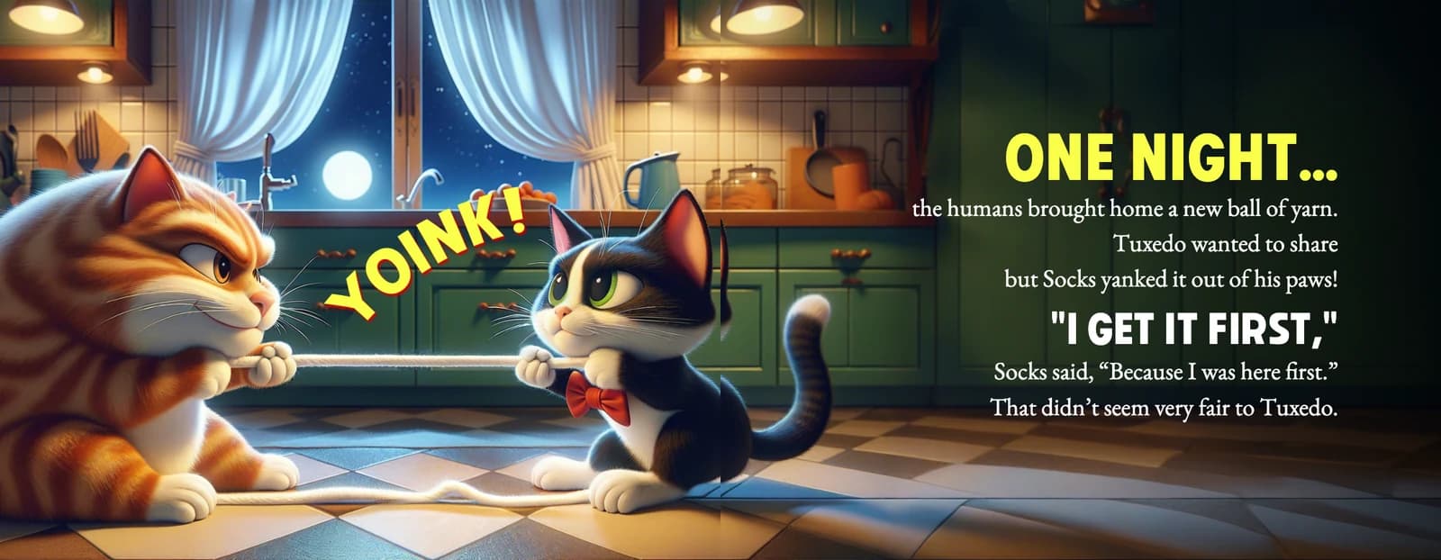 Socks snatches a ball of yarn from Tuxedo with a big Yoink, beside the text I get it first, Socks said, because I was here first.