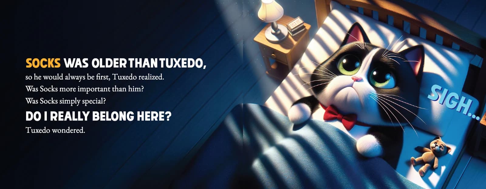 The text Do I really belong here, Tuxedo wondered, beside Tuxedo lying sadly by a window with a big sigh.