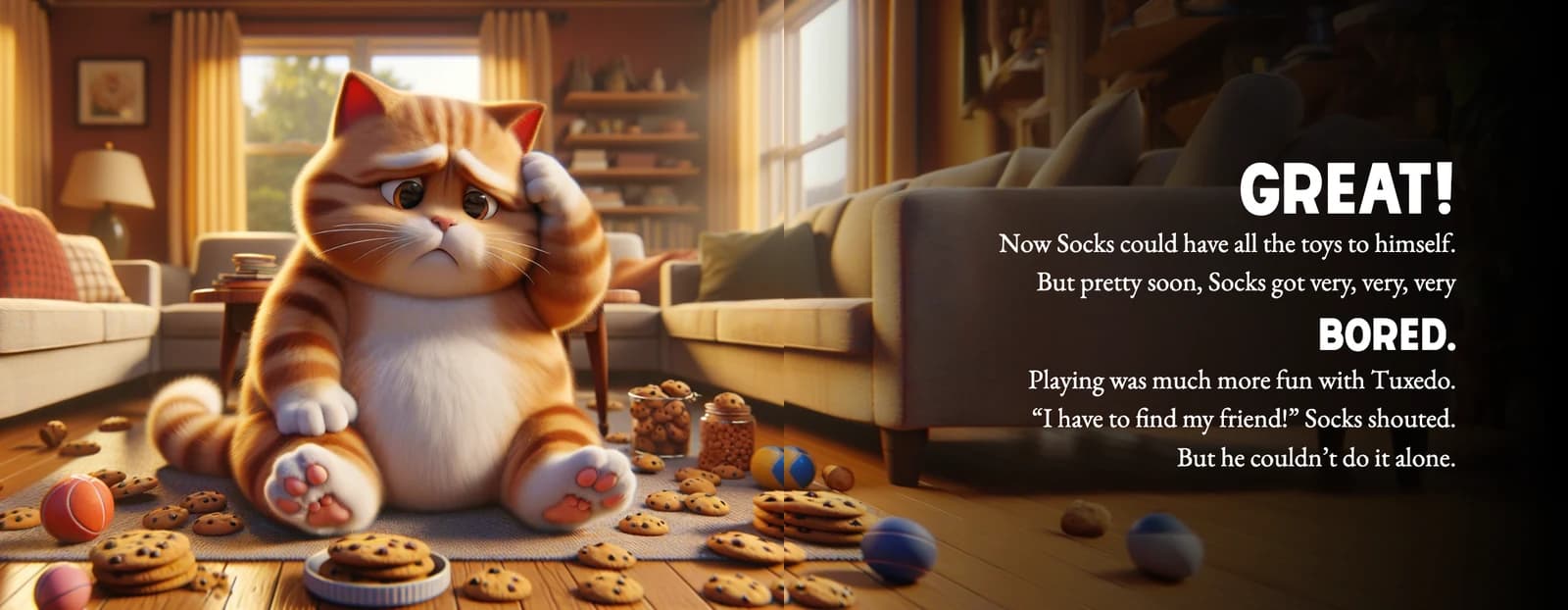 Socks sits alone among scattered toys looking glum beside the text Playing was much more fun with Tuxedo. I have to find my friend.