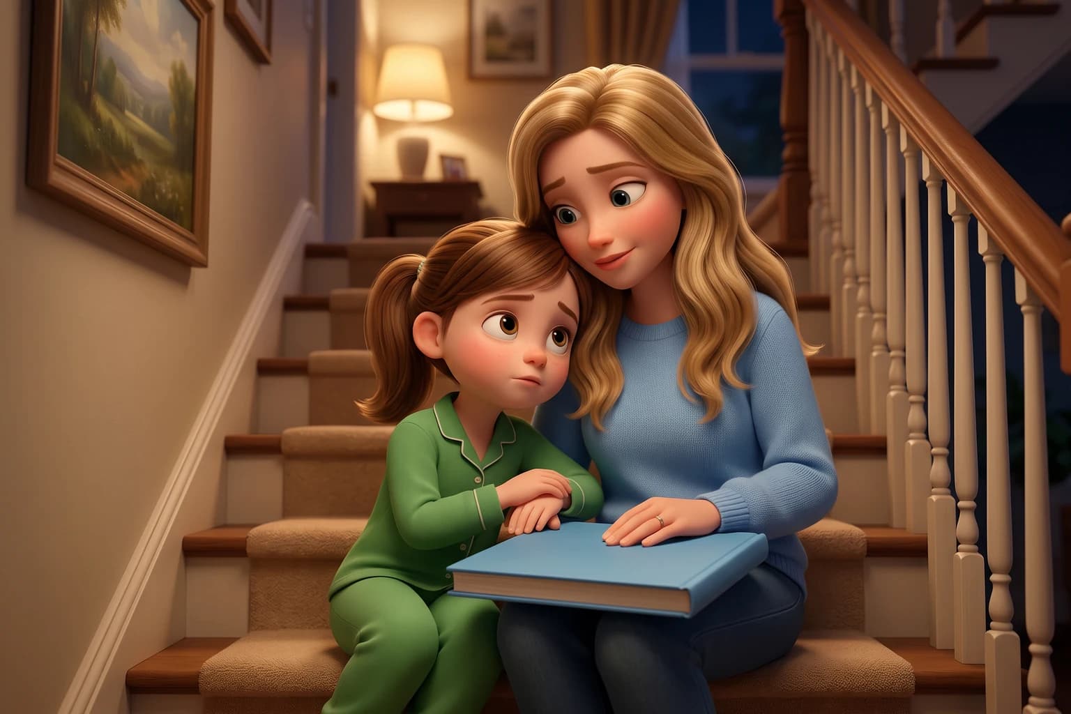 A mother holding a closed picture book listens as her thoughtful daughter in green pajamas leans on her shoulder on the stairs at bedtime.