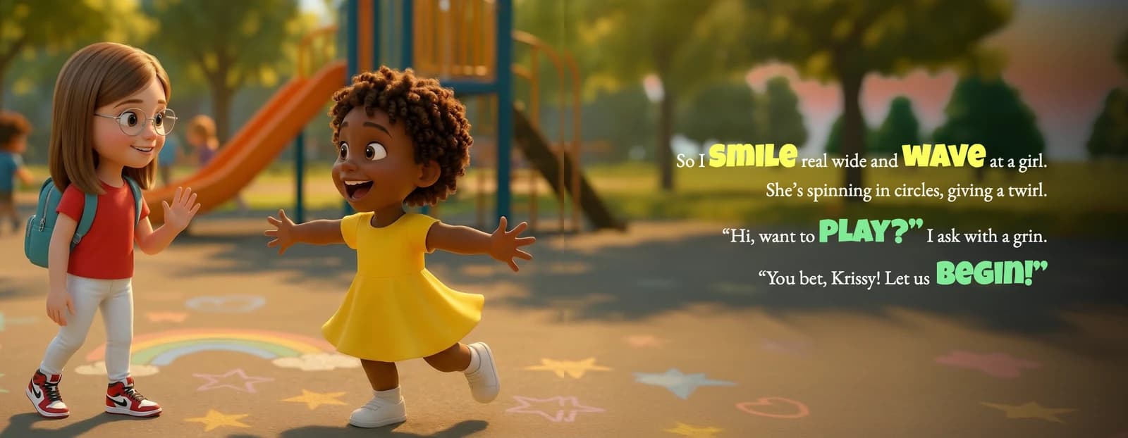 The example child walks up to a girl in a yellow dress on the playground beside the rhyme So I smile real wide and wave at a girl.