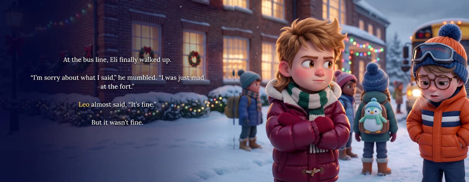 The text At the bus line, Eli finally walked up: I'm sorry about what I said, beside the example child with arms crossed and Eli looking down in the snow.