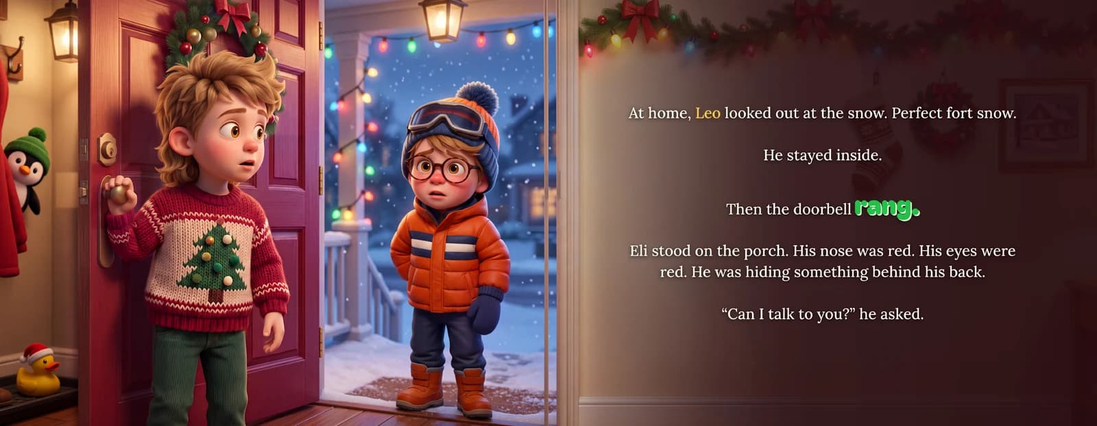 The example child opens the front door to find Eli on the porch, beside the text Then the doorbell rang. Can I talk to you?