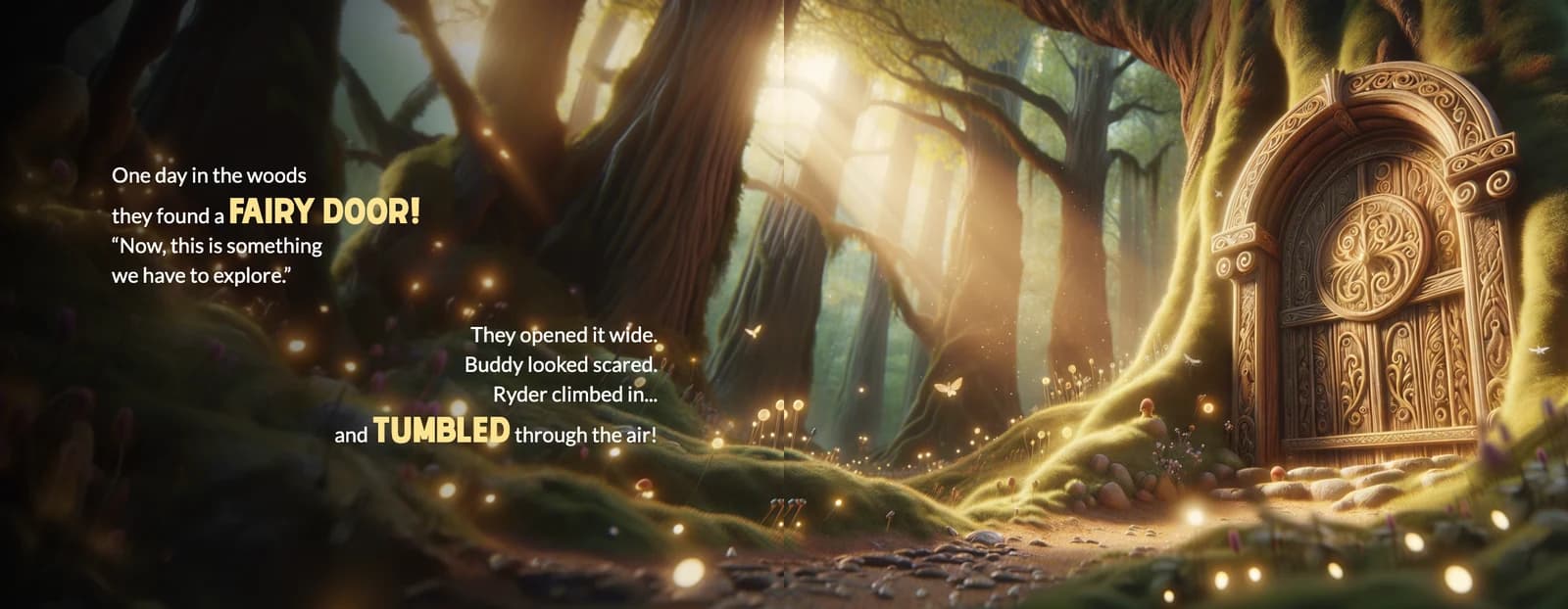 The text One day in the woods they found a fairy door beside a glowing round wooden door in an old tree.