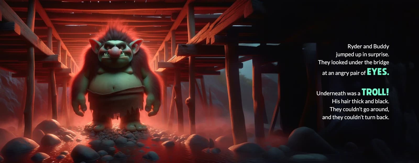 A big green troll glowers from under a wooden bridge beside the text Underneath was a troll.