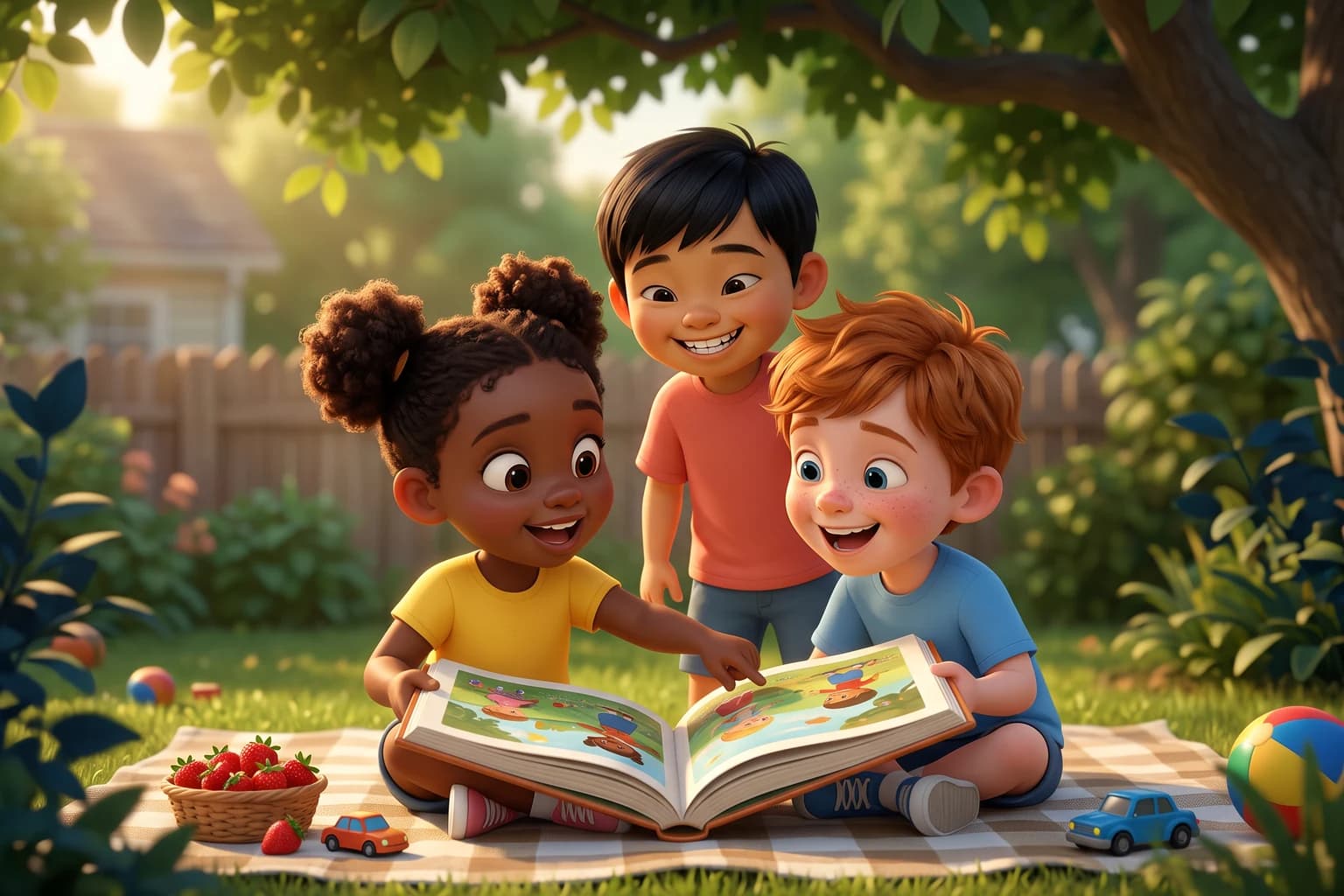 Three young friends laugh together over a big picture book on a picnic blanket in a sunny backyard.
