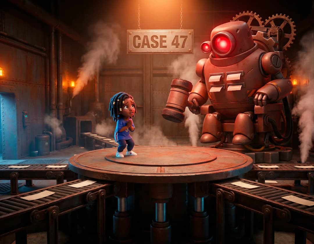 The child stands on a round platform in a steaming factory courtroom facing a giant rusty robot judge under a sign that reads Case 47.
