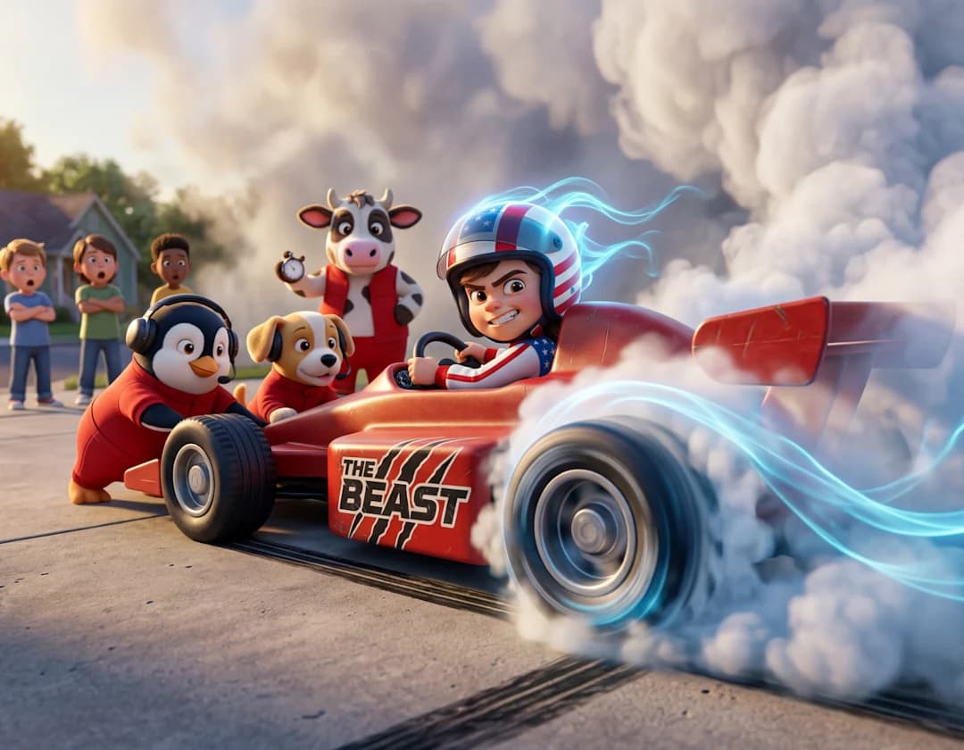 The child in a red racing helmet spins the wheels of the Bright Red Beast in a cloud of smoke while a cow, a penguin and a dog cheer.