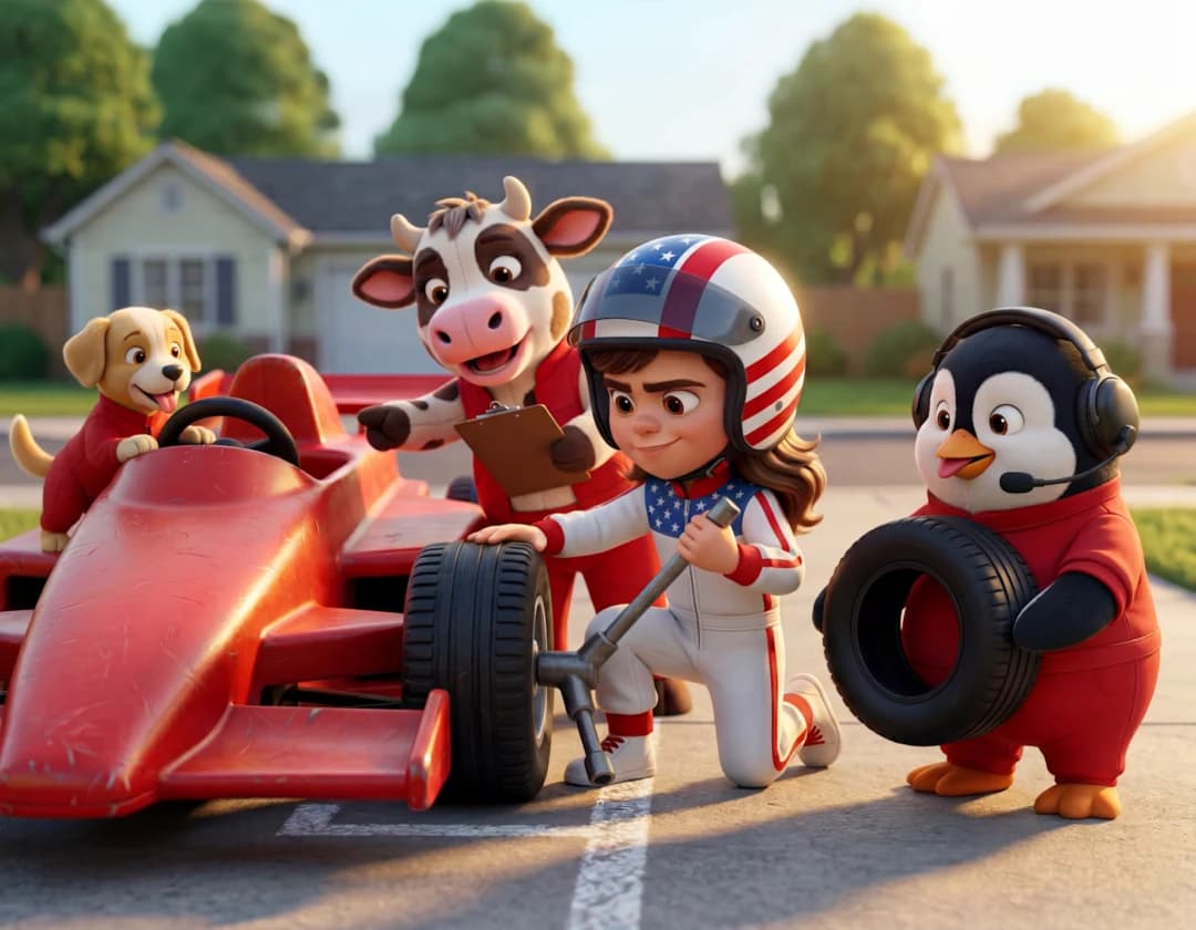 Buttermilk the Cow checks a clipboard while Ralph the Penguin carries a tire and the child kneels beside the red race car.