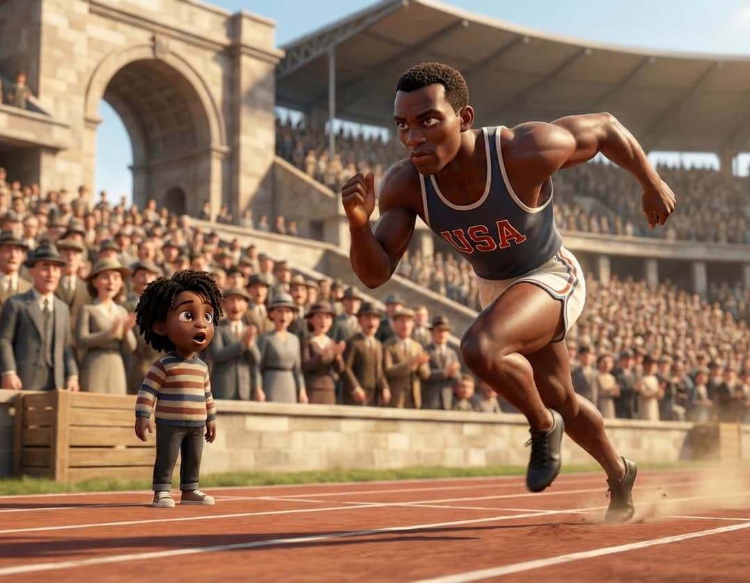 Jesse Owens sprints past the child on the track of a packed Olympic stadium in The Dream Carriers.