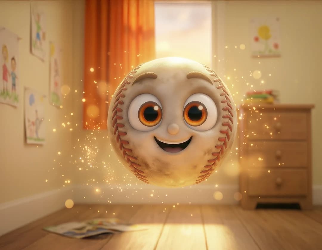 Homer, a baseball with a friendly face and bushy eyebrows, floats in a sunny bedroom surrounded by sparkles in The Magic Baseball.