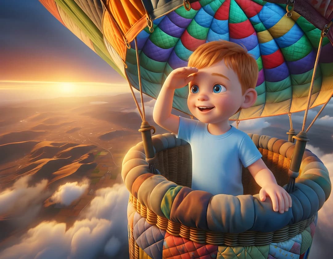 The example child looks out from the basket of a patchwork hot air balloon high above the clouds at sunset.