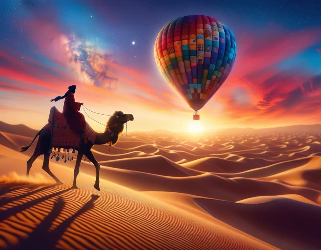 A traveler on a camel crosses glowing Sahara dunes beneath the patchwork balloon at sunset.