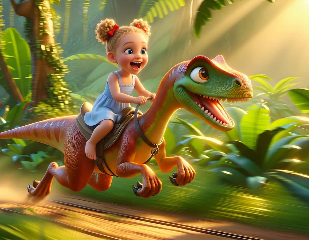The example child rides a grinning Velociraptor at full speed through a jungle.