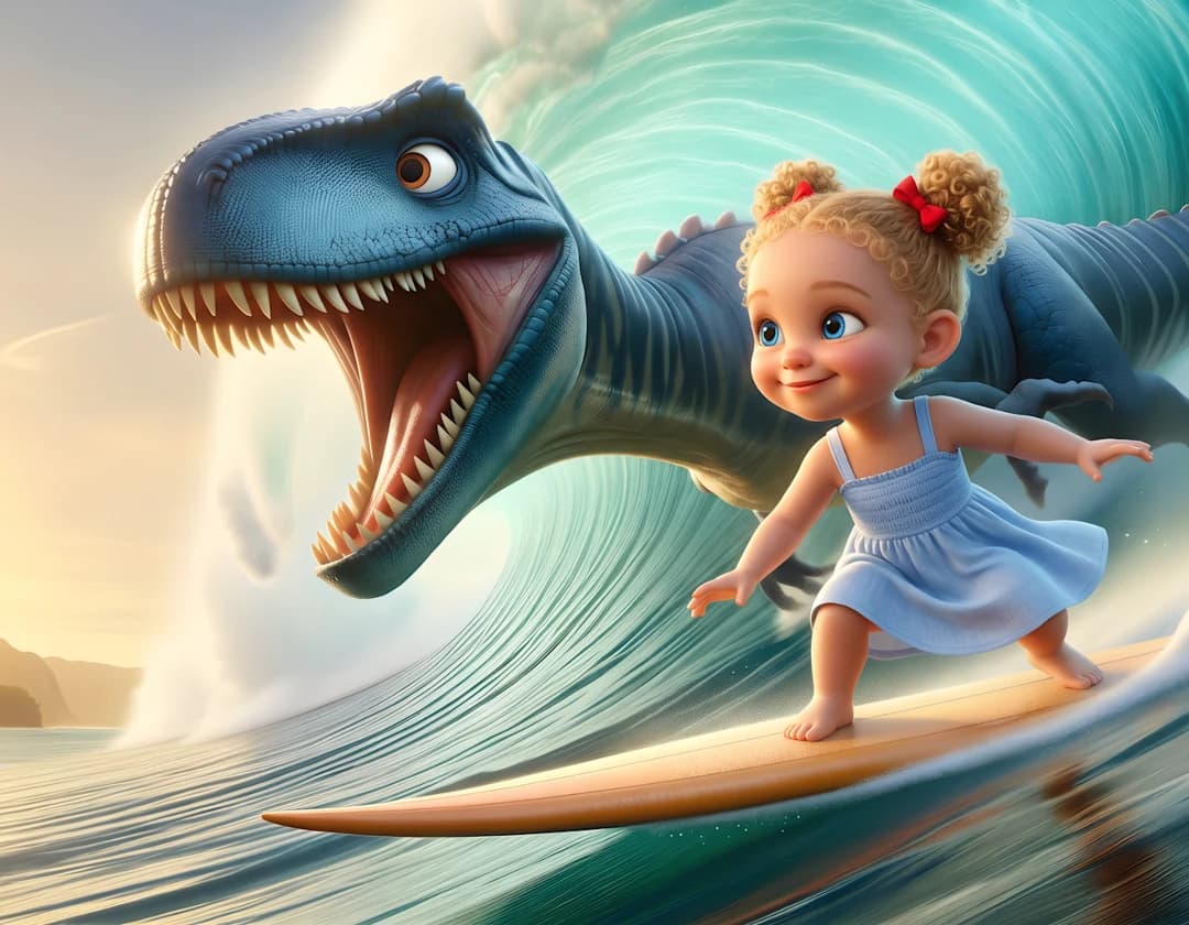The example child surfs a huge wave beside a Giganotosaurus with its jaws wide open.