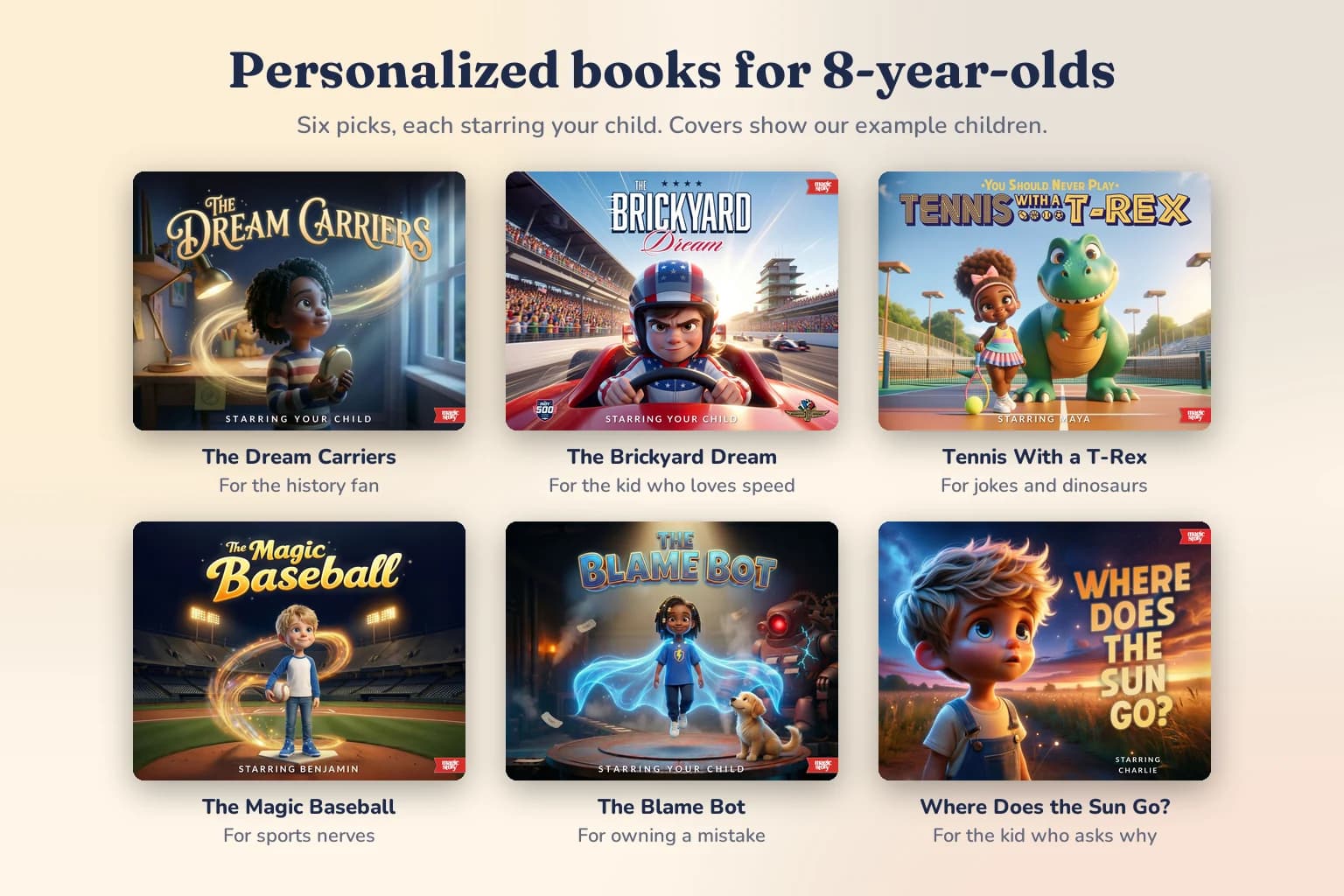 Six personalized book covers for 8-year-olds: The Dream Carriers, The Brickyard Dream, Tennis With a T-Rex, The Magic Baseball, The Blame Bot and Where Does the Sun Go?