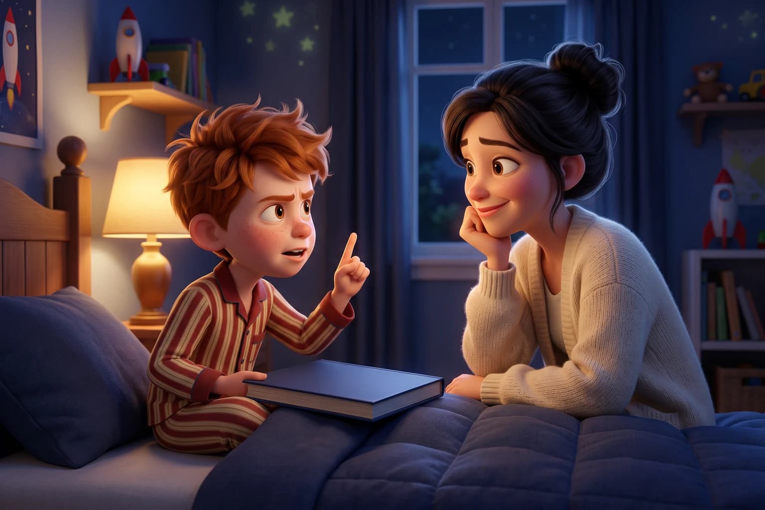 A red-haired boy in striped pajamas sits up in bed holding a closed book and raises one finger to make a point while his mother listens, smiling, chin in hand.