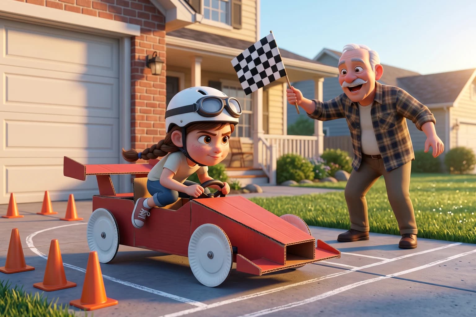 A girl in a white helmet and goggles crouches in a homemade red cardboard race car on a chalk-lined driveway at sunrise while her grandfather waves a checkered flag.