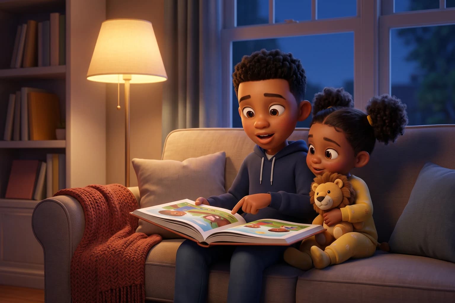A boy about eight reads a picture book aloud on the sofa, doing a voice, while his little sister snuggles beside him with a stuffed lion.