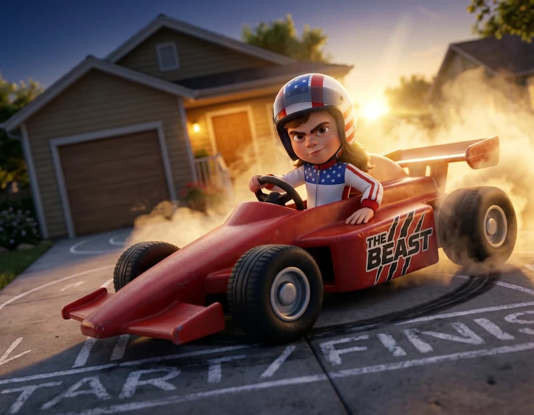 The child in a stars-and-stripes racing helmet grips the wheel of a red toy race car on a chalk start line in the driveway at sunrise.