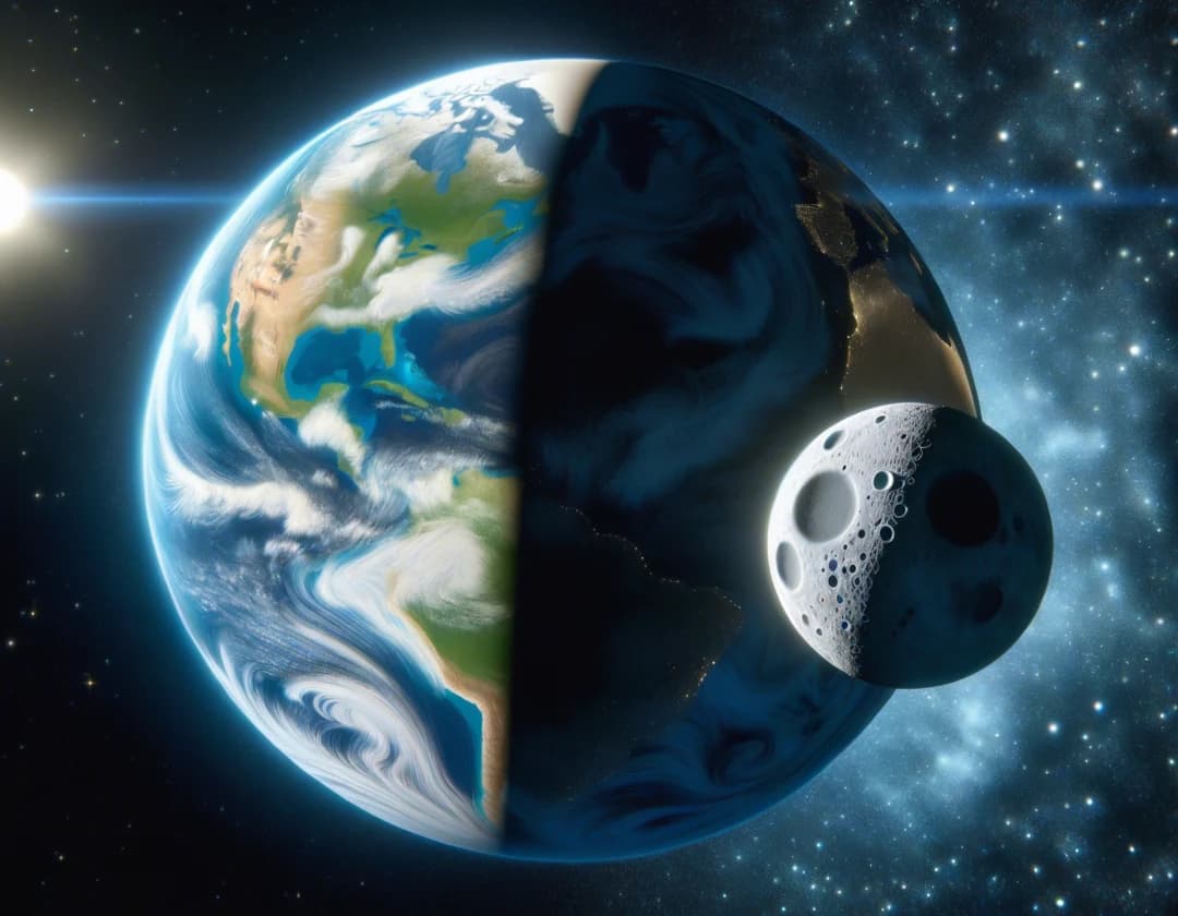 The Earth, half in sunlight and half in shadow, with the moon beside it in space in Where Does the Moon Go?