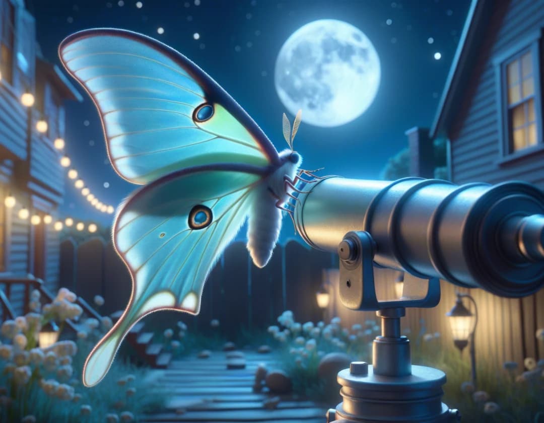 A glowing pale green luna moth rests on a backyard telescope under a full moon in Where Does the Moon Go?