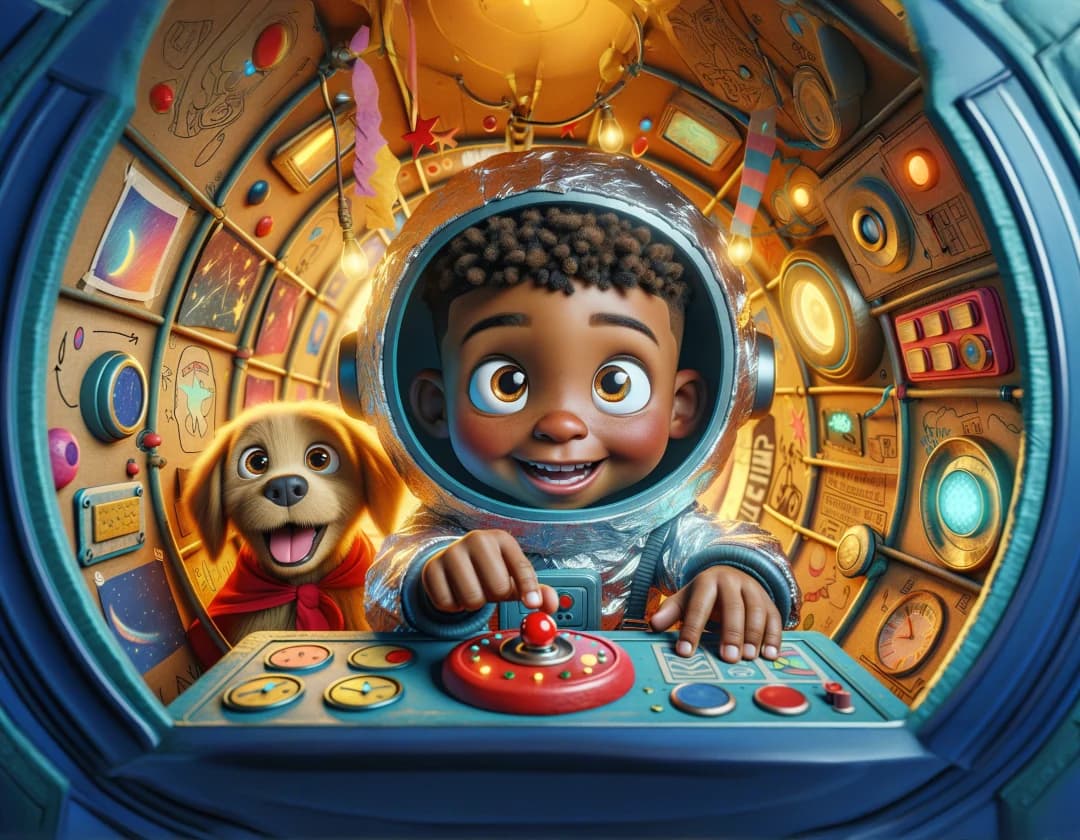 The example child in a space helmet grins at the controls of the History Hopper beside his dog Buddy.
