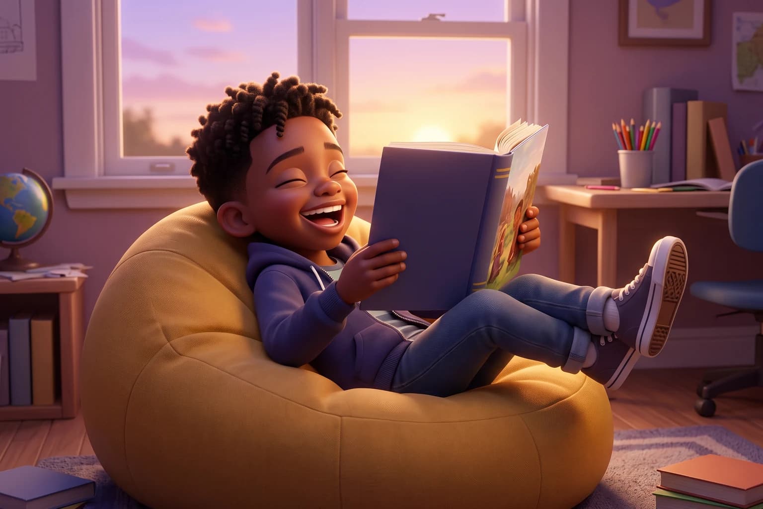 A ten-year-old boy in an indigo hoodie sprawls on a mustard beanbag, holding a picture book above his face and laughing out loud.