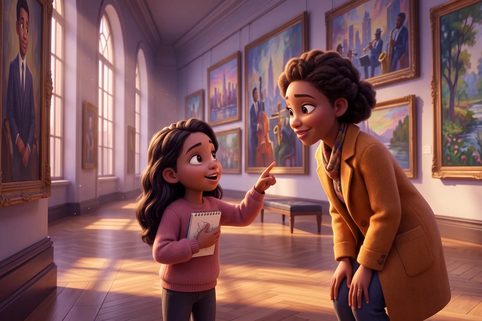 A girl about nine holds a sketch notebook and points up at a painting in a sunlit museum gallery while her mother bends down to listen.