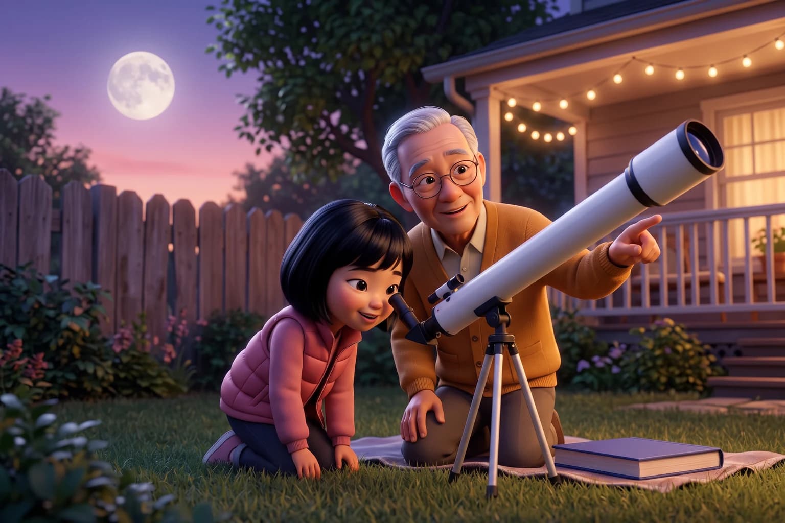 A girl about nine looks through a small white telescope in the backyard at dusk while her grandfather points at the sky, with a closed book on the blanket beside them.