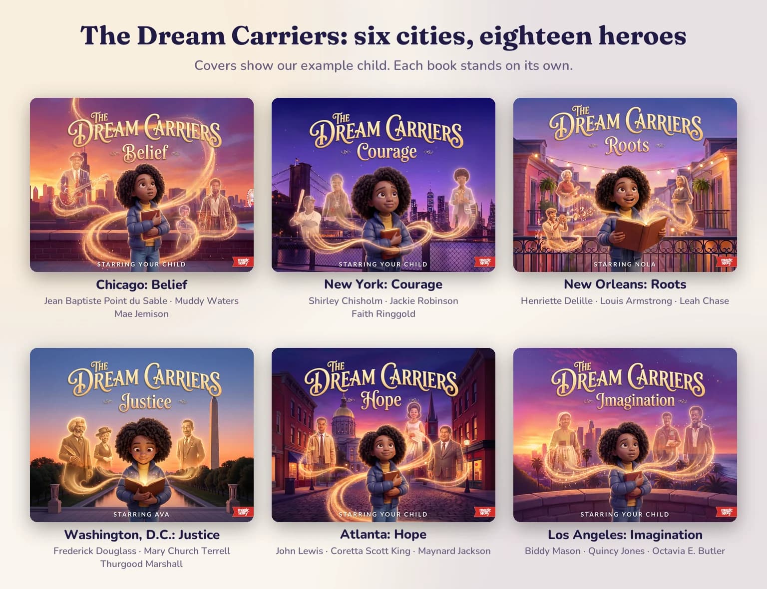 The six Dream Carriers covers with their cities and heroes: Chicago, New York, New Orleans, Washington, D.C., Atlanta and Los Angeles.