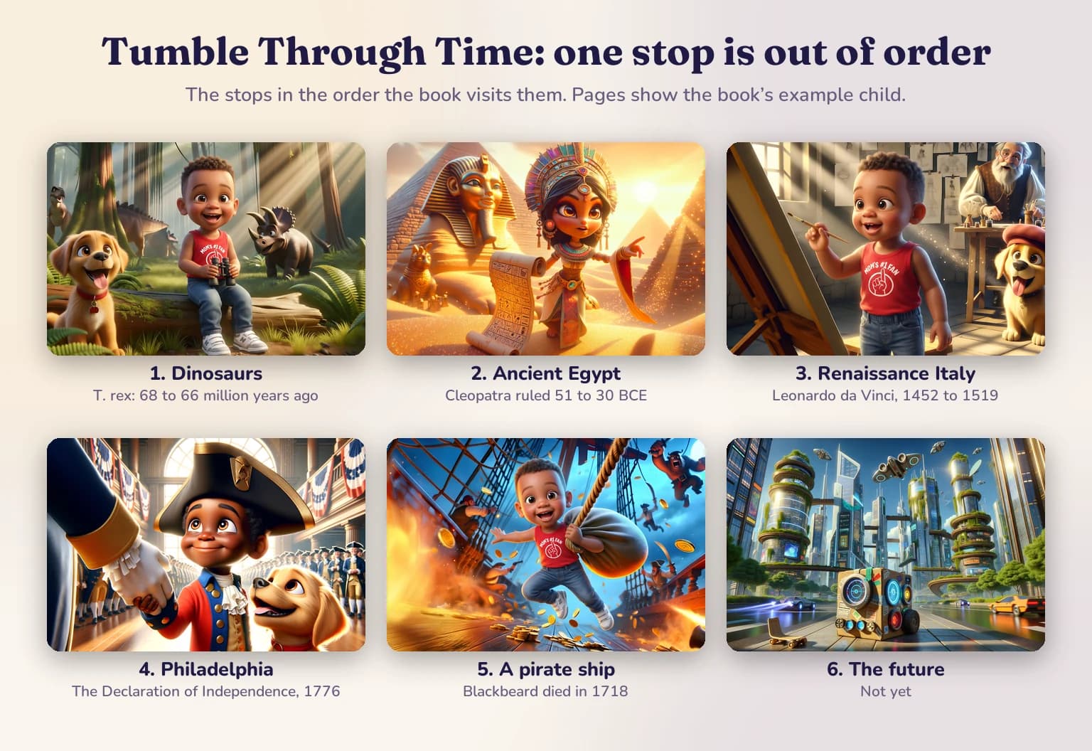 Six stops from Tumble Through Time with dates: dinosaurs, ancient Egypt, Renaissance Italy, Philadelphia in 1776, a pirate ship where Blackbeard died in 1718, and the future.