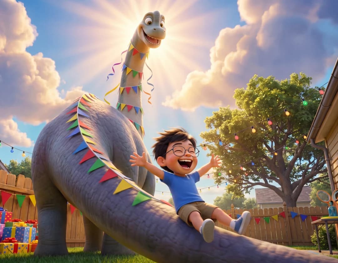 The example child slides down the long tail of a Brachiosaurus decorated with bunting in a sunny backyard.