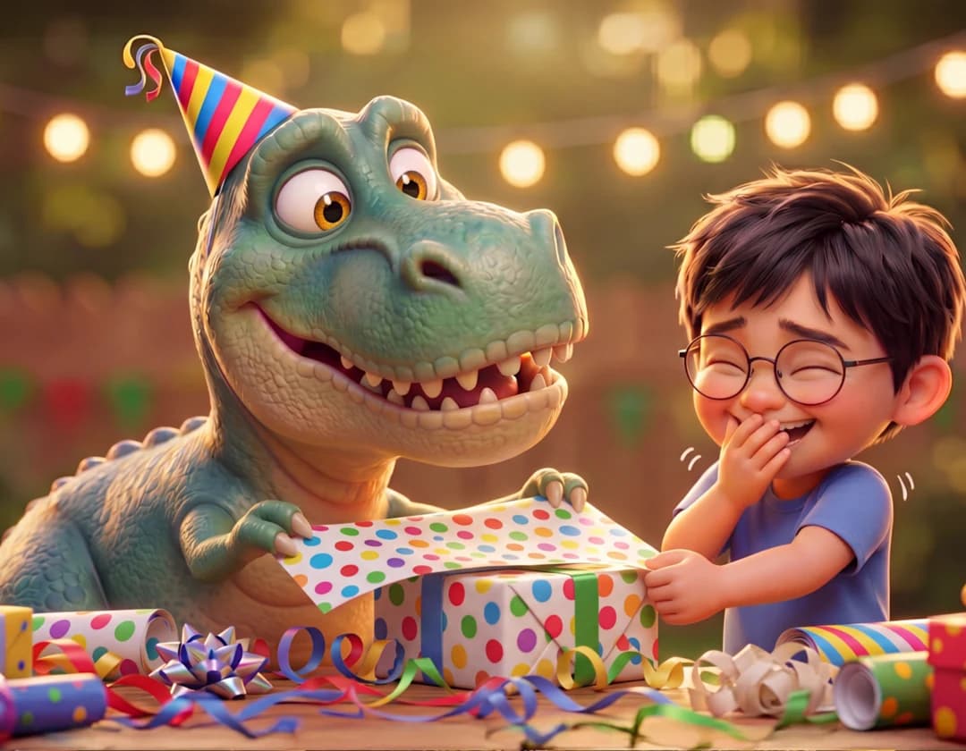 A T-Rex in a party hat struggles to wrap a polka-dot present with his short arms while the example child laughs in The Dino-Mite Birthday Bash.