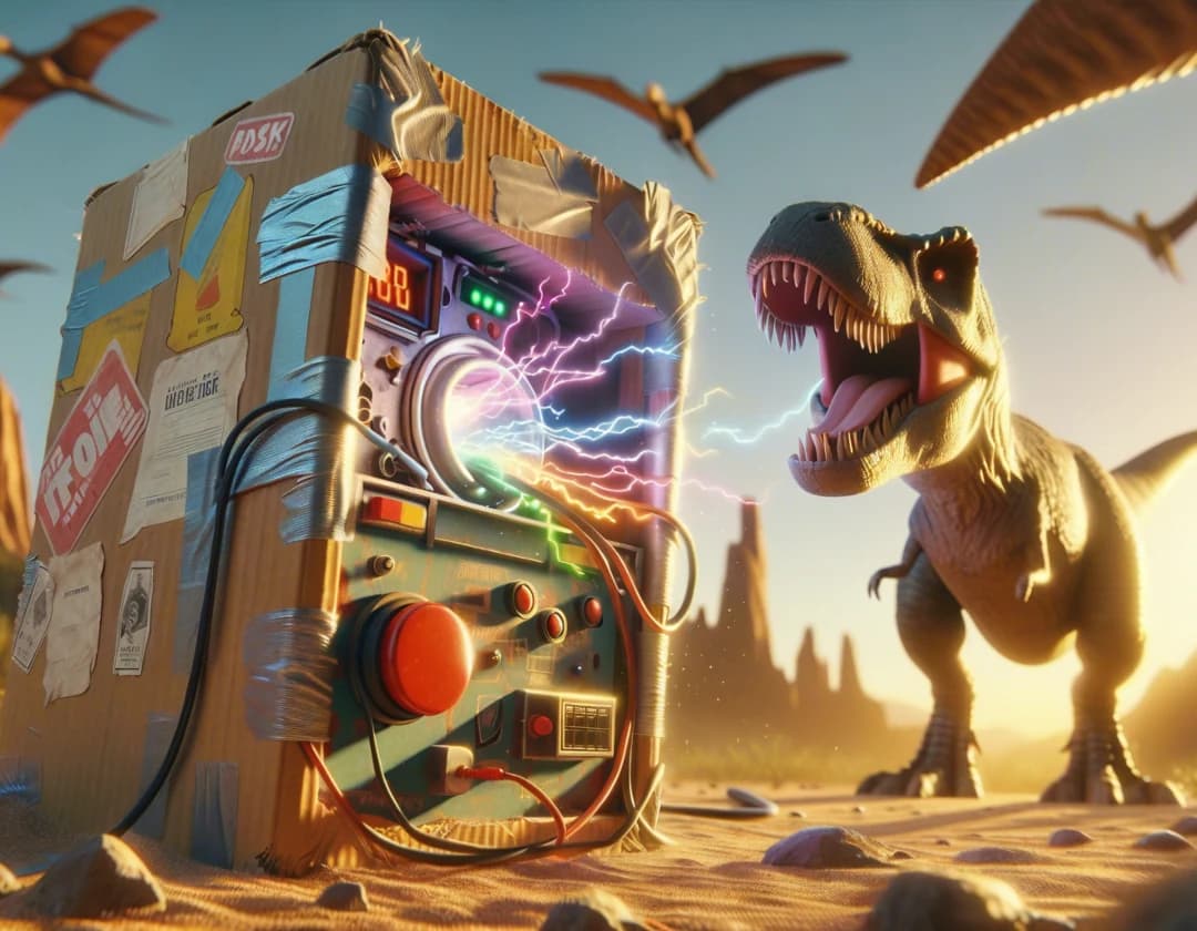 A roaring T-Rex looms behind the cardboard time machine as it sparks to life in Tumble Through Time.