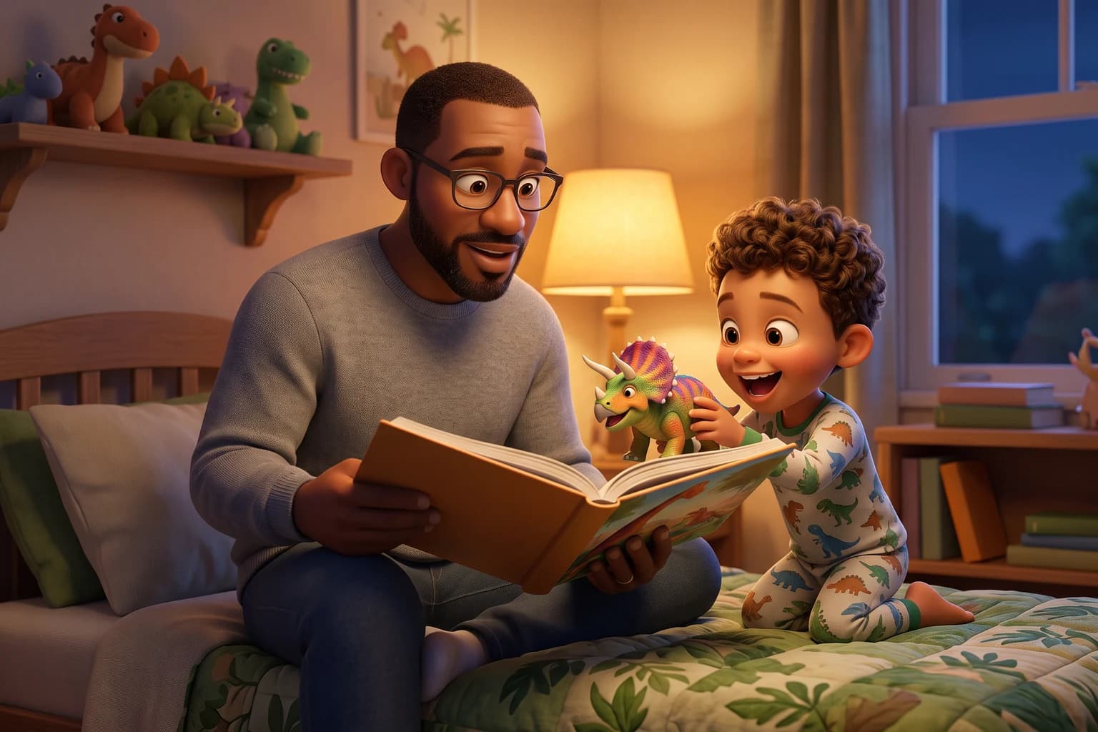 A father reads a picture book aloud at bedtime while his son in dinosaur pajamas holds a toy Triceratops up next to the page.