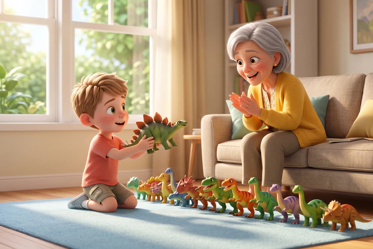 A five-year-old boy kneels beside a long row of toy dinosaurs and proudly holds up a Stegosaurus while his grandmother claps on the sofa.