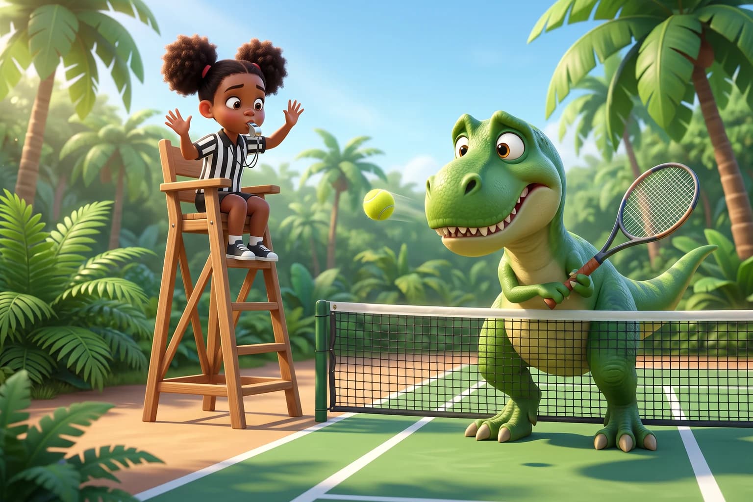 A girl in a striped referee shirt blows a whistle from a tall umpire's chair as a big green T-Rex swings a tennis racket and misses the ball.