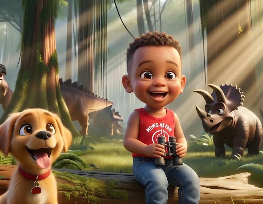 The example child sits on a log in a misty prehistoric forest with his dog Buddy while a Triceratops and other dinosaurs roam nearby in Tumble Through Time.