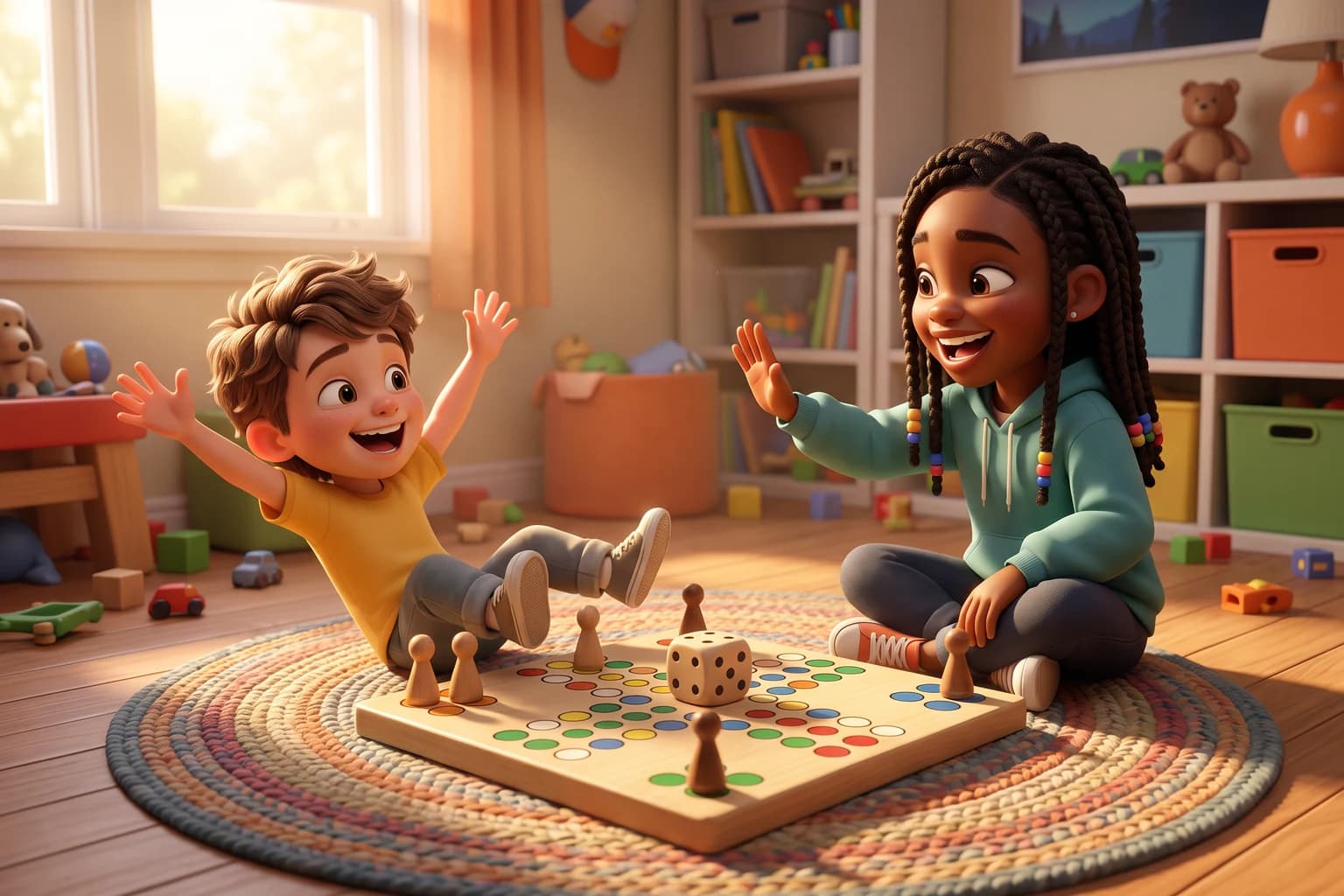 A boy flops back on the rug laughing after losing a board game while his older sister laughs and holds up her hand for a high five.
