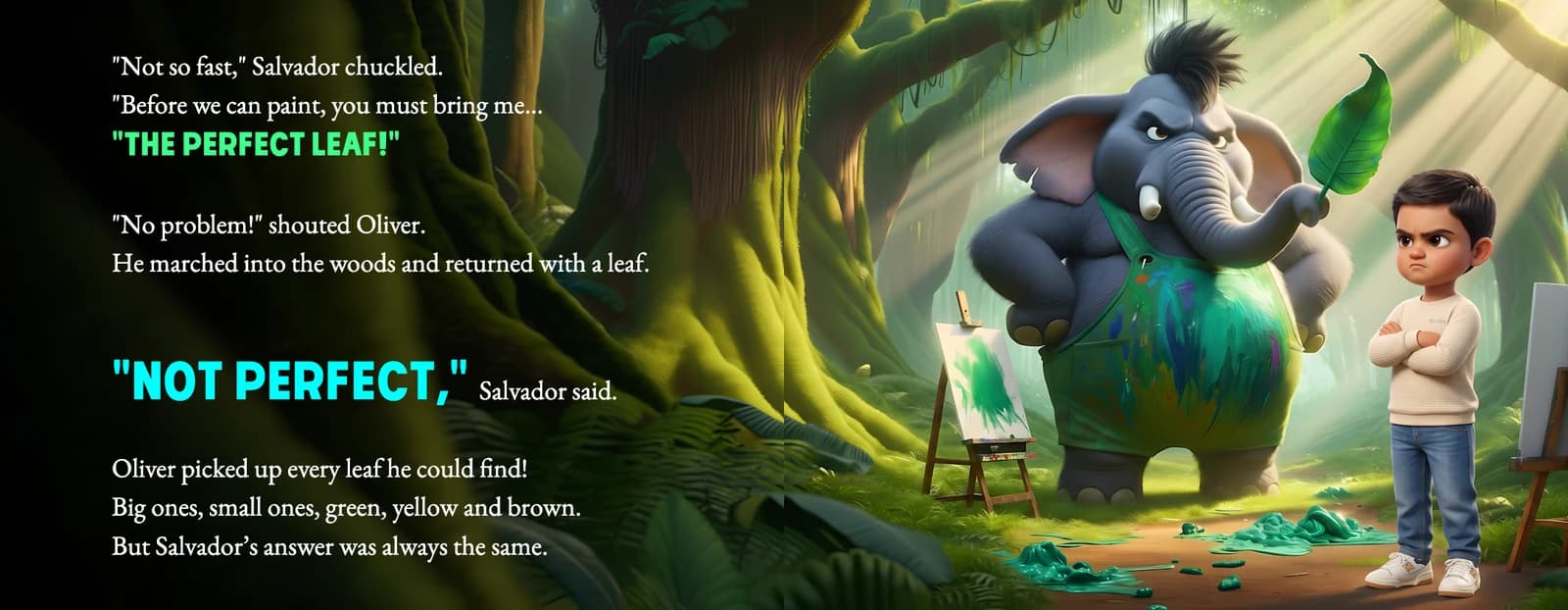 Salvador Daliphant the elephant holds up a green leaf while the example child crosses his arms, beside the words NOT PERFECT, Salvador said.
