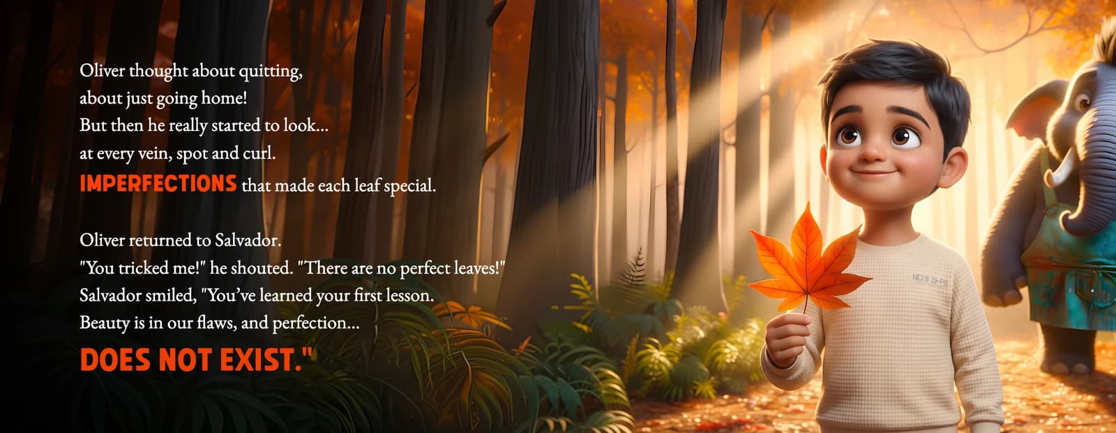 The example child smiles at an orange leaf beside the text Beauty is in our flaws, and perfection DOES NOT EXIST.
