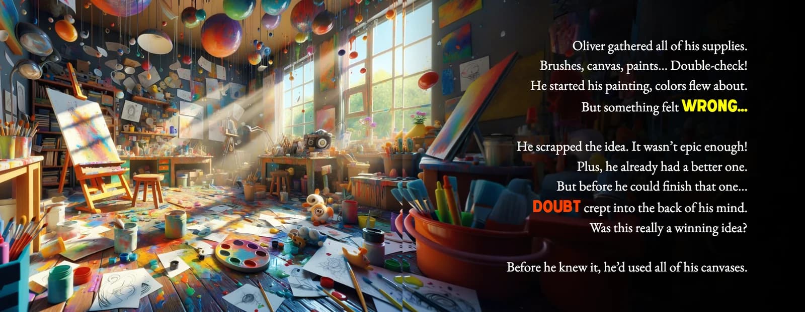A messy art studio full of scrapped canvases beside the text He scrapped the idea. It wasn't epic enough! Before he knew it, he'd used all of his canvases.