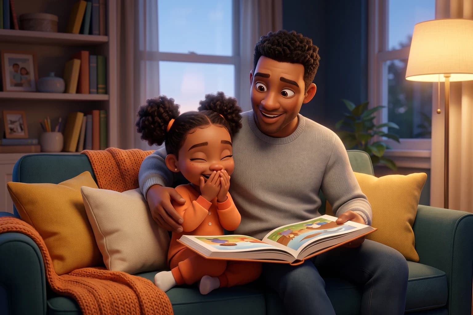 A girl in orange pajamas giggles into her hands on the sofa while her father grins and holds open a picture book.