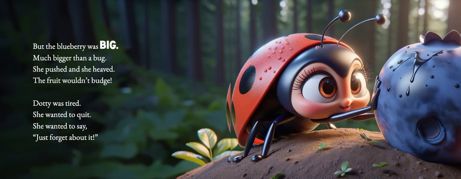 Dotty the ladybug pushes against a giant blueberry beside the text Dotty was tired. She wanted to quit.