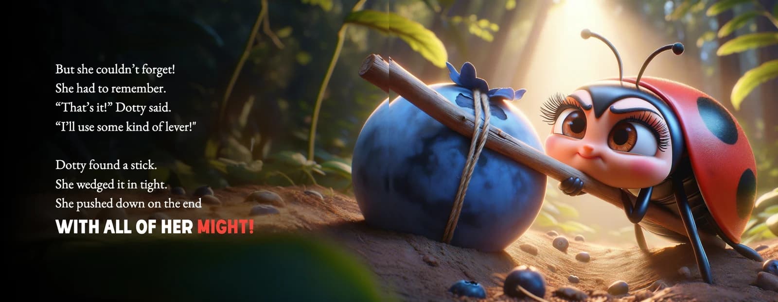 Dotty pushes down on a stick wedged under the blueberry beside the text I'll use some kind of lever! WITH ALL OF HER MIGHT!