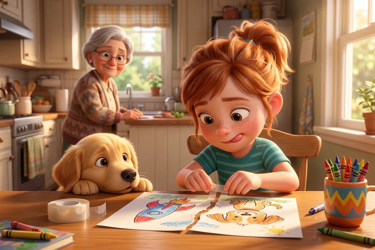 A girl carefully tapes her torn crayon drawing back together at the kitchen table while a golden puppy watches and her grandmother smiles.